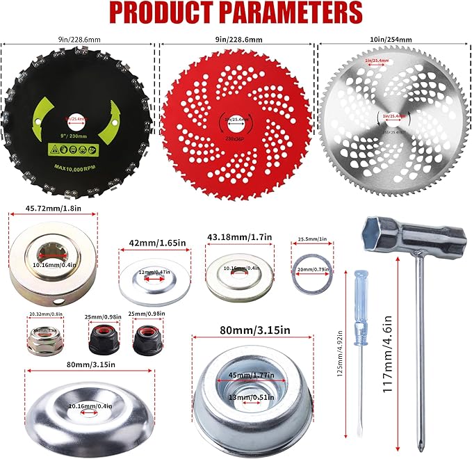 9" x 36 Teeth Carbide Tipped Blades & 9" x20T Carbon Steel Round Chainsaw Tooth Blades & 10" x 80T Brush Cutter Trimmer Blades with Adapter Kit