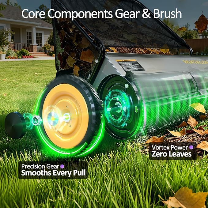 26" Push Lawn Sweeper with 7.5 cu. ft Mesh Collection Hopper Bag, 100L Leaf Bag, 4 Adjustable Height Spinning Brushes, Steel Frame & Rubber Wheels – Quick Cleaning for Leaves and Grass,Grey