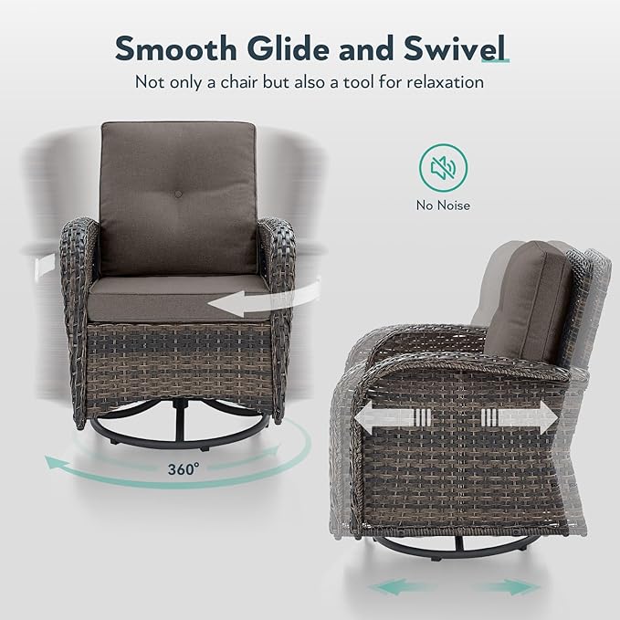 Outdoor Swivel Glider Rocker Chairs Set- 6 Piece Patio Furniture Set with A Glider Loveseat, Tempered Glass Side Table and 2 Ottoman, for Balcony, Porch - Brown Wicker, Grey Cushion