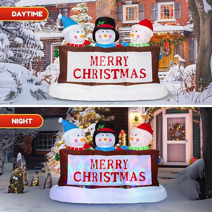 7FT Christmas Inflatable Snowman Yard Decoration With LED Lights - Merry Christmas Sign Trio, Outdoor Xmas Blow Up Decor for Holiday