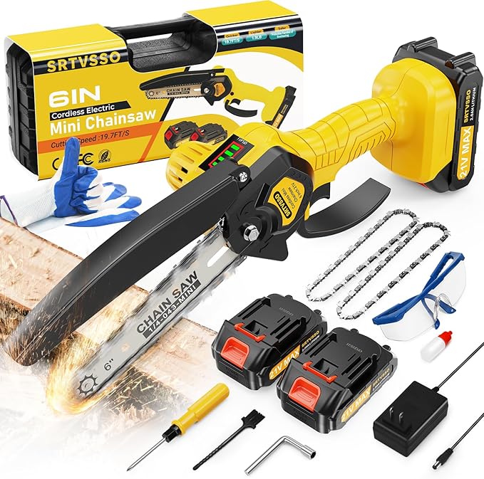 Chainsaw 6 Inch Mini Electric Chainsaw Cordless with 2 Pack Rechargeable Batteries, Battery Powered Handheld Saw for Trees Trimming Wood Cutting, Perfect Gardening Tools for Men Dad Husband