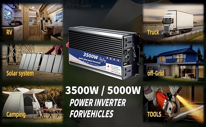 3500W Power Inverter 60V DC to 110V AC Converter with LED Display Dual AC Outlets Dual Fans Radiating for RV, Camp, Boat and Home Emergency Portable Pure Sine Wave Inverter (Smart Screen, 3500W 60V)