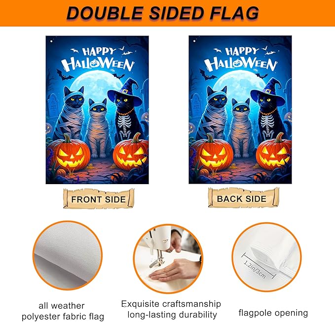 IVN Happy Halloween Garden Flag 12x18 Inch Double Sided Black Cat Skeleton Mummy Pumpkin Witch Hat Moon Outdoor Yard Flag for Outside Front Door Lawn Porch Patio Welcome Decor