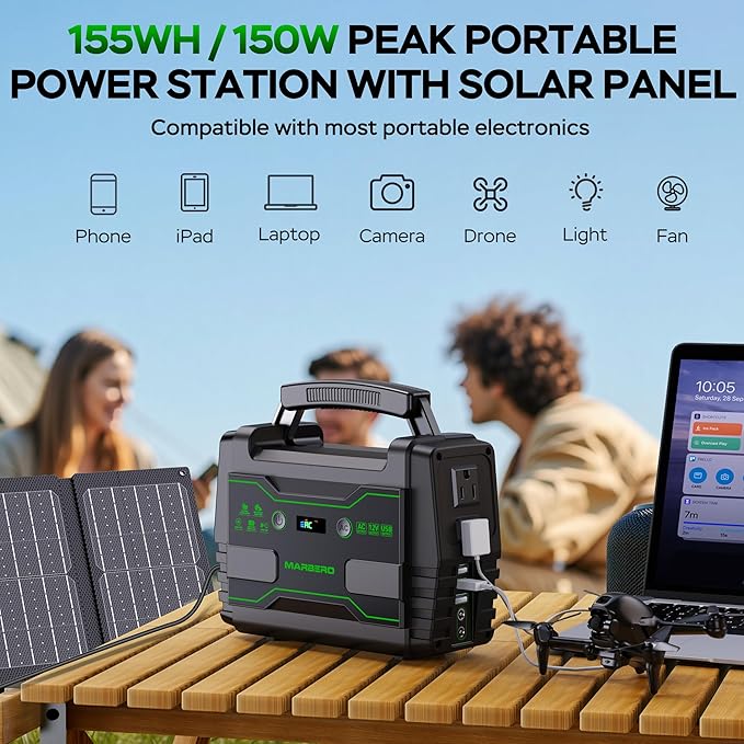 MARBERO Solar Generator 155Wh with 30W Solar Panel Portable Power Station with 2x 100W AC Outlets(Peak 150W), QC3.0 USB UL Certified for Home Blackout, Camping, RV Travel, Ultra-Light & Silent Fan