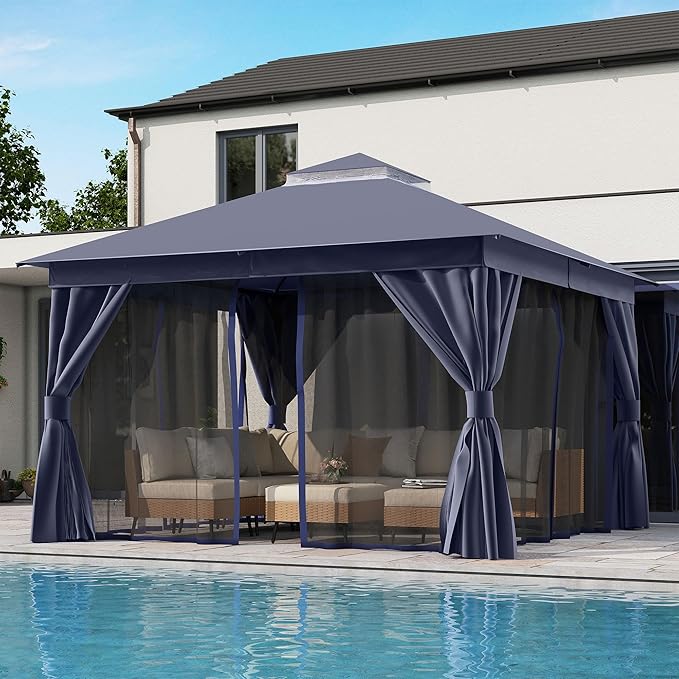 LAUSAINT HOME Outdoor Patio Gazebo 12'x12' with Expansion Bolts, Heavy Duty Party Tent & Shelter with Double Roofs, Mosquito Nettings and Privacy Screens for Backyard, Garden, Lawn, Navy Blue