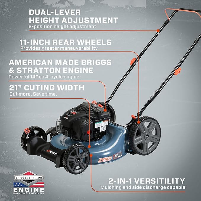 SENIX 21-Inch Gas Push Lawn Mower with 140 cc 4-Cycle Briggs & Stratton Engine, Mulching and Side Discharge, 6-Position Dual Lever Height Adjustment (LSPG-M6)