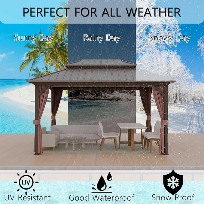 10'x14' Hardtop Gazebo, Outdoor Aluminum Frame Galvanized Steel Double Roof Pavilion with Netting and Shaded Curtains, Permanent Metal Pergolas for Patio, Backyard, Deck and Lawns.