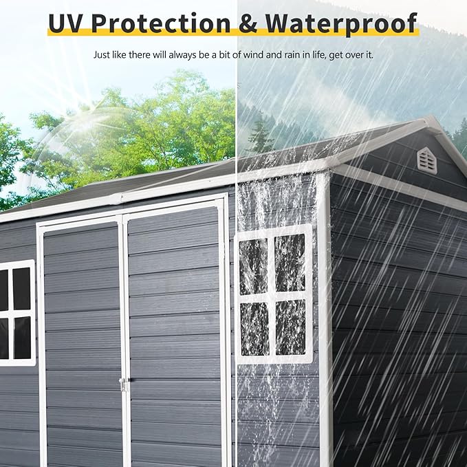 8x6 ft Resin Outdoor Storage Shed with Two-Window and Double-Door, Plastic Shed with Floor for Gargen, Patio, Yard, Lawn, Grey (1 Doors) (Black, 8x6 ft)