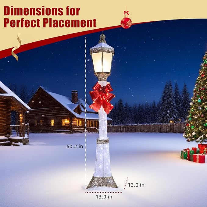 60Inch Outdoor Christmas Decorations Outdoor Lighted Lamp Post 3D Lamppost LED Lighted Display with 128 LED Lights&Bow, Holiday Decorations for Yard, Porch, Patio (2-Pack)