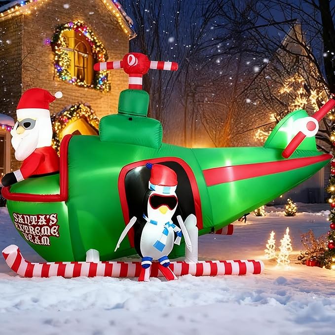 HFO 8ft Wide&5.5ft Tall Christmas Inflatable Outdoor Decorations, Blow up Yard Decor with Santa Claus to Fly a Helicopter with a Penguin, Bright LED Lights Christmas Outdoor Decorations