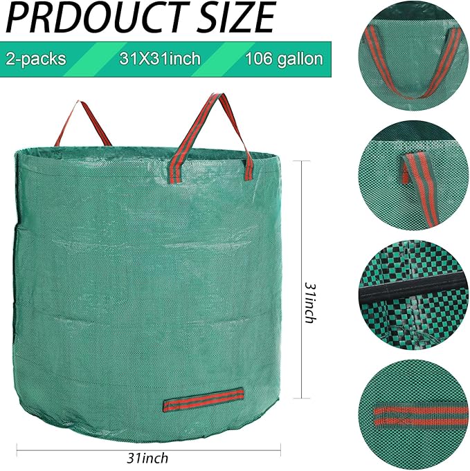 2 PCS 106 Gallon Reusable Lawn and Leaf Bags with 4 Handles, Lawn Pool Garden Heavy Duty Yard Waste Bags for Leaves, Trash, Yard Waste (Green)