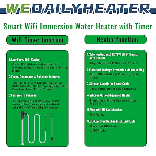 2000W Fully Submersible Water Heater for Bathtub & Swimming Pool – Portable Immersion Electric Heater with WiFi Timer & Temp Control for Above Ground Pool, Inflatable Pool and Hot Tub