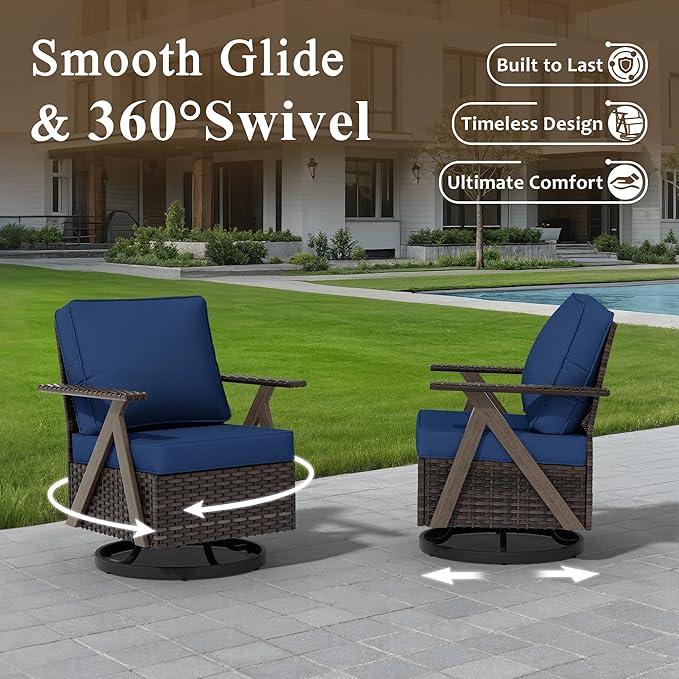 6 Piece Patio Furniture Set, Wicker Patio Conversation Set with Swivel Glider Chair and Outdoor 3-Seater Sofa and 2 Ottomans and Side Table for Deck Yard and Poolside