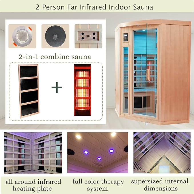 Ceramic Infrared Sauna 2 Person Far Infrared Sauna Low EMF Indoor Saunas for Home Hemlock Wooden Sauna Room with Bluetooth Speakers, LED Reading Lamps, Chromotherapy Lights