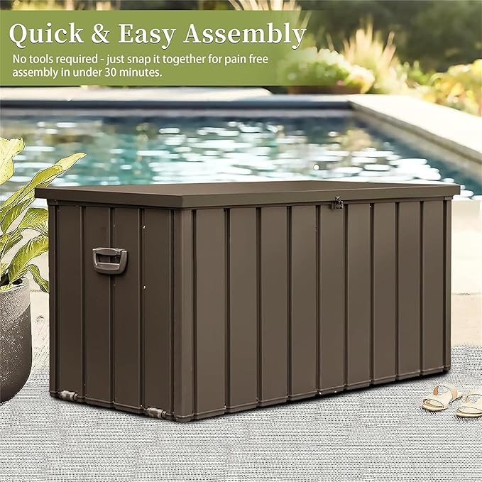 LANTRO JS 160 Gallon Metal Deck Box, Outdoor Storage Box Waterproof with Wheels, Lockable Storage Container for Patio Furniture Cushions Garden Tools, Dark Brown