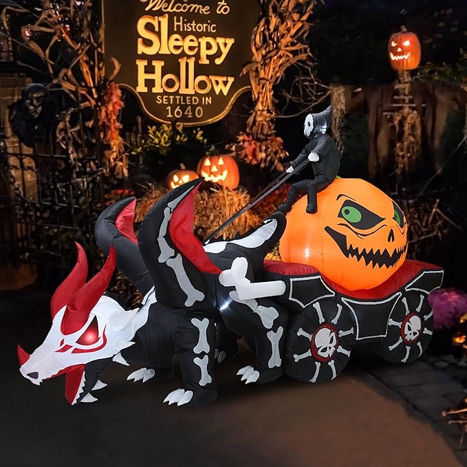 DearSun 9FT L Halloween Inflatable Carriage, Grim Reaper Sits on Pumpkin and Drives Skeleton Dragon Carriage with Build-in LED Lights, Blow up Halloween Inflatable Outdoor Decorations