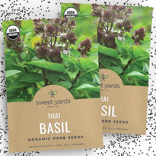 Organic Thai Basil Seeds – Seed Packet of Over 350 Open Pollinated Non-GMO Seeds – Sweet Yards Seed Co.