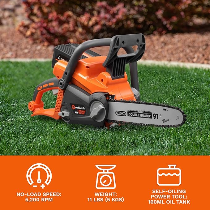 Redback 40V Cordless Chainsaw 12 inches Long Oregon Bar Brushless Motor Tool Only