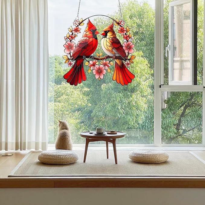 Acrylic Window Hanging Cardinal Suncatcher Decor,Red Bird Suncatcher Panel Outdoor Wall Art Stained Panel Hangings Gift for Home Garden Ornament for Birds Lover