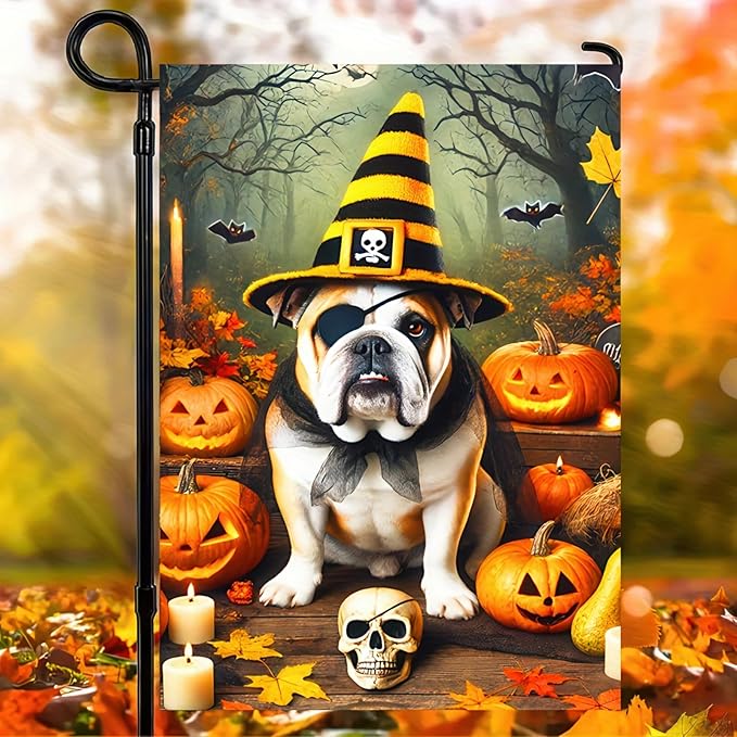 Happy Halloween Garden Flag 12x18 Double Sided Bulldog Dog Pumpkin Garden Flag Skull Bats Bulldog with Fall Autumn Witch Hat Decorative Banner Outdoor Flag Décor