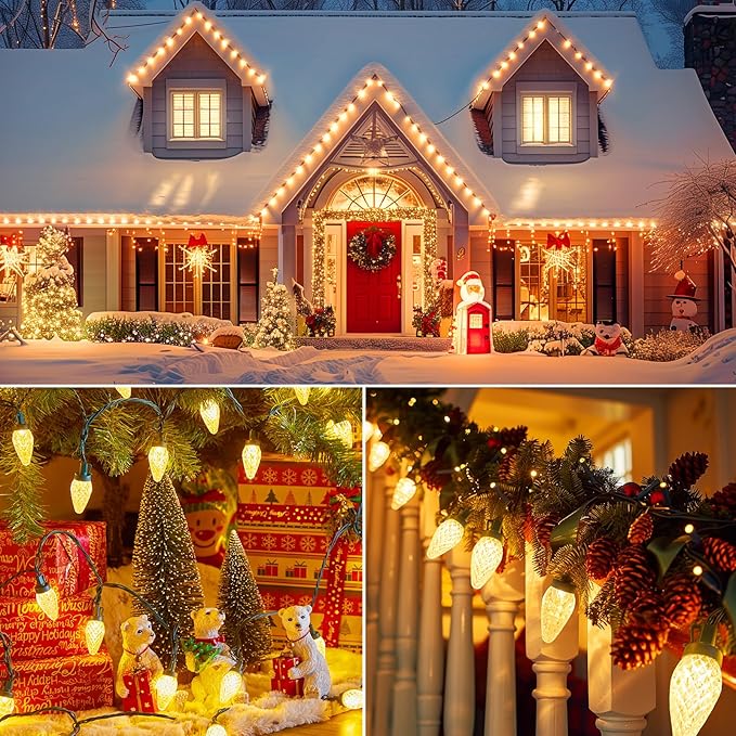 Brightown C9 LED Christmas String Lights, 33ft 50 LED Waterproof Strawberry String Lights, Plug-in Extendable Green Wire Lights String for Outdoor Indoor Patio Party Decoration, (Warm White)