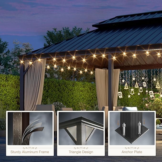 12'x18' Hardtop Aluminum Gazebo, Permanent Outdoor Canopy with Galvanized Steel Double Roof Heavy Duty Pavilion with Curtains and Netting for Garden Patio Lawn Deck