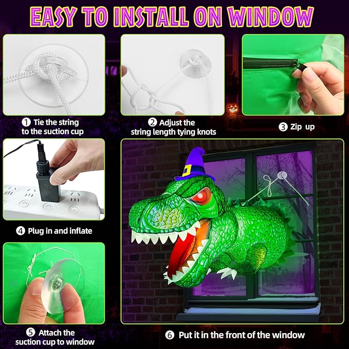 4Ft Halloween Inflatables Decorations Outdoor Dinosaur Broke Out from Window with Built-in LED Vivid T-Rex Blow Up Inflatable for Indoor Home Party Yard Garden Lawn Decor Green zu-74521