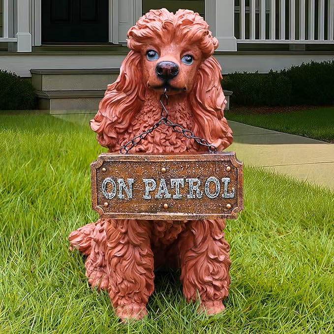 Poodle Outdoor Garden Statue with Double-Sided “Welcome/ON Patrol” Hanging Sign and Solar Lantern, Brown Sitting Dog for Porch, Path & Yard Décor