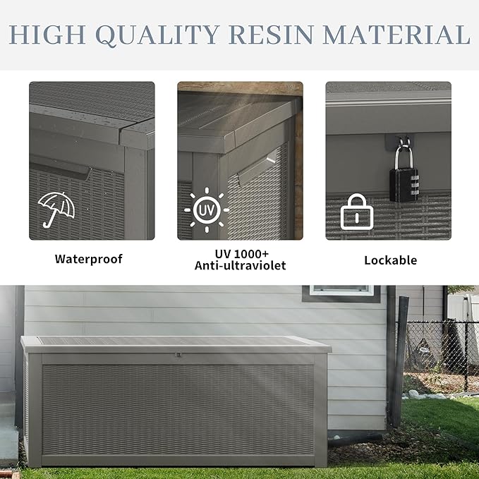 NUNU LAB 260 Gallon Outdoor Storage Box, Large Resin Deck Box with Double Wall Panels, Waterproof Patio Storage Bin for Garden Tools, Pool Accessories, Package Deliveries & Outdoor Gear,Grey