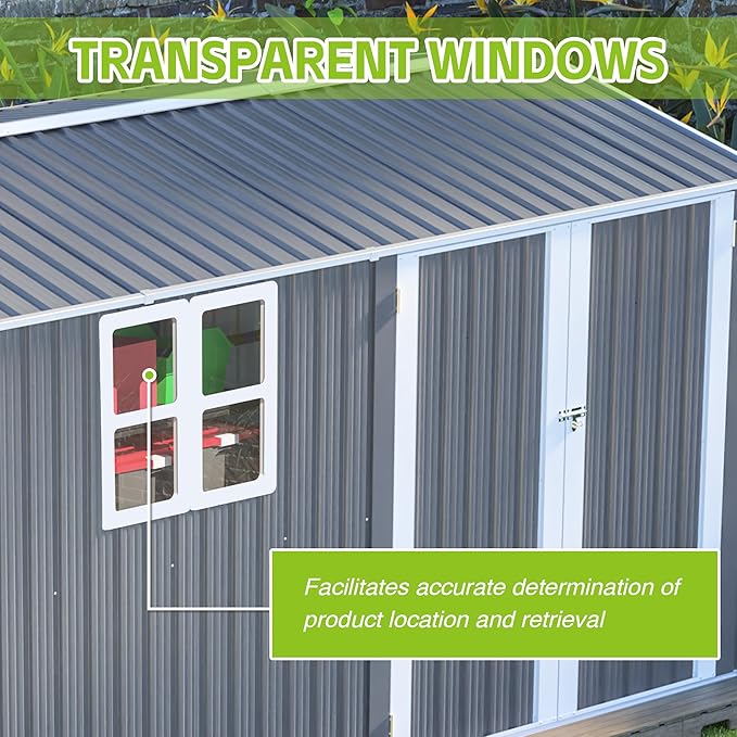 8×12 Ft Metal Outdoor Storage Shed with Floor Base and Window, 0.25mm Galvanized Steel Metal Garden Shed Waterproof with Lockable Door for Backyard, Patio, Garden, Dark Grey