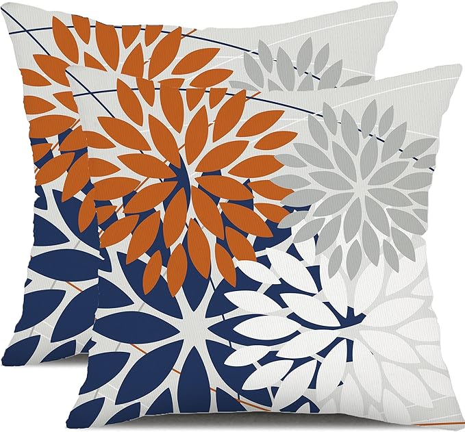 DFXSZ Outdoor Throw Pillow Covers 18x18 Inch Set of 2 Waterproof Spring Summer Geometric Elegant Orange Blue Outdoor Pillow Covers for Patio Funiture Garden Couch 158V18