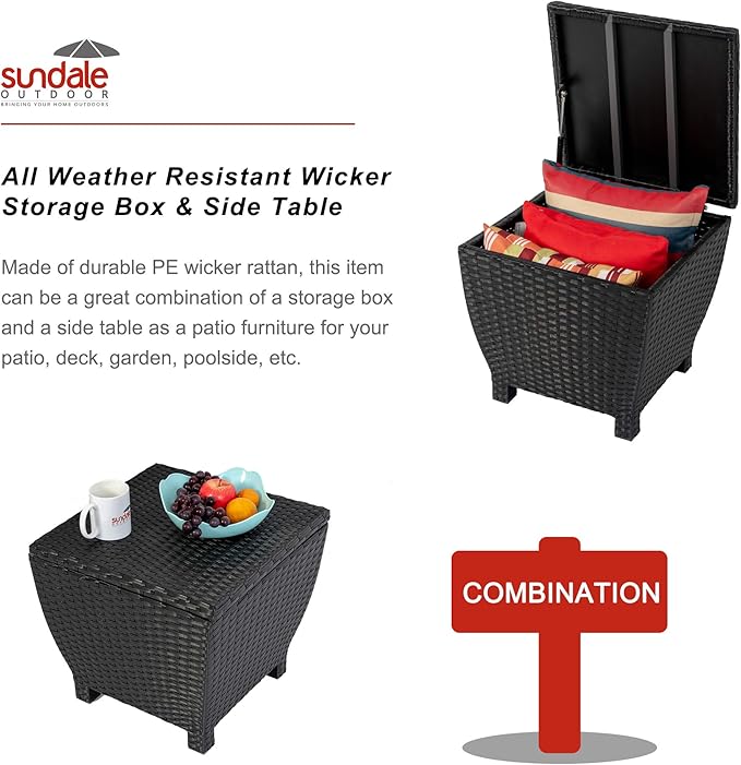 Outdoor Wicker Storage Box with Cover, 13 Gallon PE Rattan Deck Box for Outside with Waterproof Liner, Patio Storage Chest with Hinged Lid for Cushions, Pillows, Towels, Horizontal Bin, Black