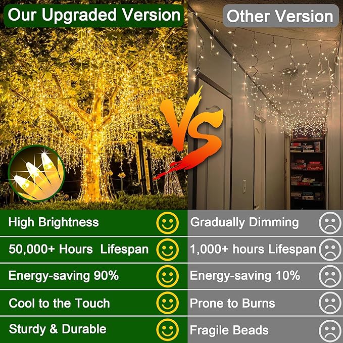 66FT 670 LED Outdoor Christmas Lights - 148 Ice Drops, 12 Pro Modes with Timer Memory & Brightness, Waterproof Hanging Ice String Light for Holiday Wedding Garden Fence House Decor (Warm White)