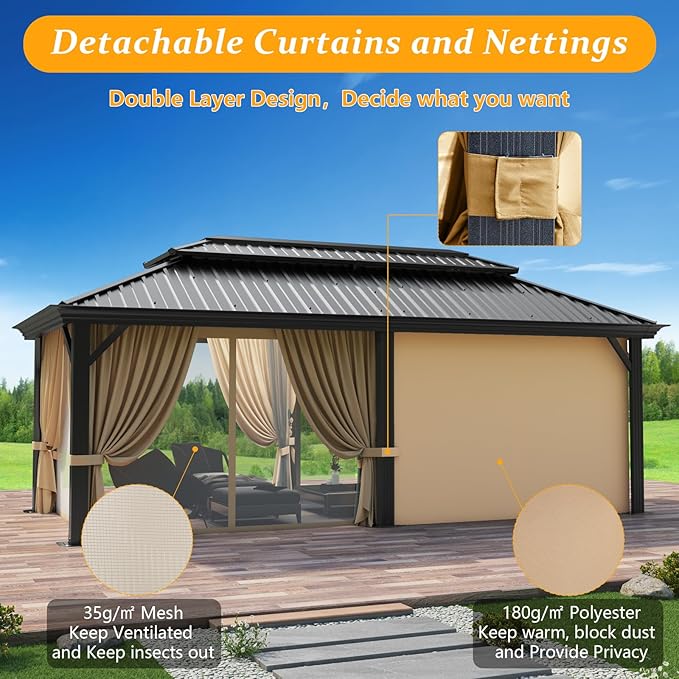 HOTEEL 12x20 Gazebo with Metal Roof Heavy Duty Hardtop Gazebo with Flame-Retardant Curtain & Netting, Hot Tub Gazebos with Metal Double Roof, Outdoor Canopy for Patio, Party, Brown(2025 Pro)