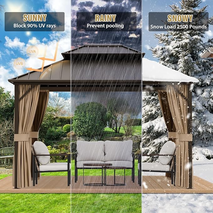 COOS BAY 12x10 Hardtop Gazebo with Aluminum Frame, Galvanized Steel Double Roof Outdoor Pavilion with Netting and Curtains, Dark Brown/Tan