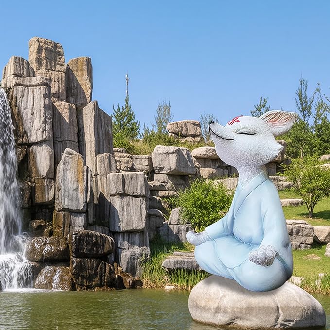 Meditating Buddha Fox Statue Resin Zen Animal Sculpture Yoga Figurine Indoor Outdoor Fengshui Decor for Patio Garden Yard Lawn Tabletop Planter Ponds Pot Bookshelf Ornaments Gifts White