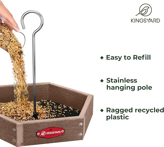 Kingsyard Heavy Duty Hanging Platform Bird Feeder Weatherproof, Recycled Plastic Tray with Metal Mesh Screen, Easy Clean Outdoor Feeder for Cardinals Bluebirds Wild Birds, Brown
