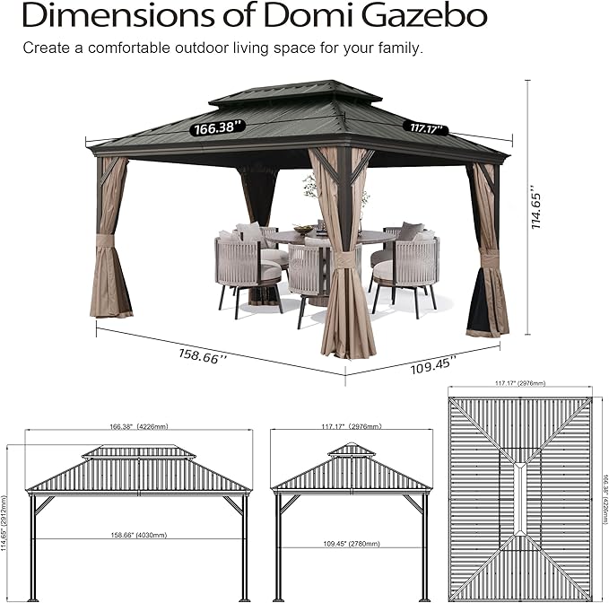 Domi 10x14 FT Outdoor Gazebo, Hardtop Gazebo with Galvanized Steel Double Roof, Metal Gazebos with Drainage System Patio Pergola for Patio Deck Backyard,Curtain and Netting, Brown