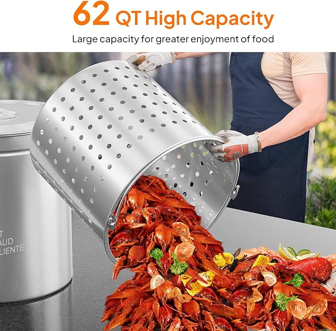 ROVSUN 62-Quart Stainless Steel Turkey Fryer & Seafood Boil Pot with Basket, Lid & Hook, Large Stock Pot for Outdoor Cooking of Turkey, Crawfish, Crab, Lobster & Shrimp