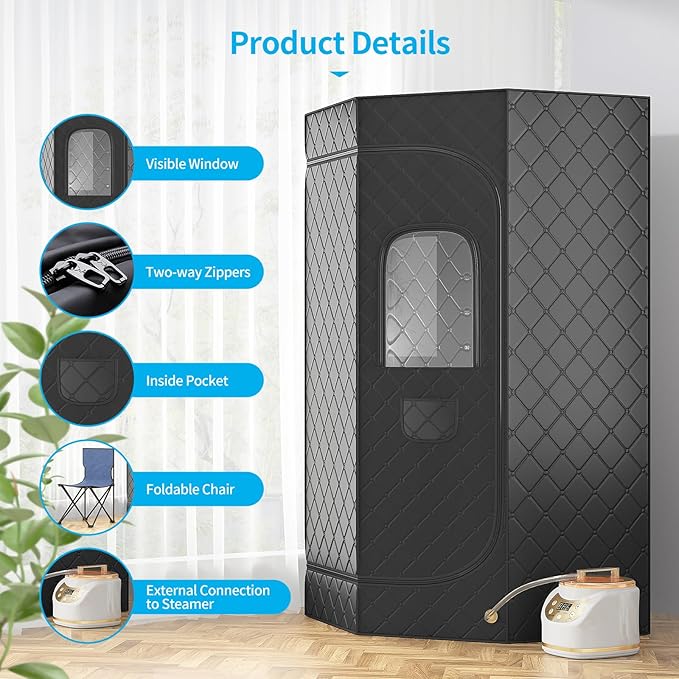 Home Steam Sauna Box, Portable Sauna for Home, Steam Sauna Tnet Full Size Single Person Sauna with 3.0L&1500W Steamer, Remote Control, Foldable Chair & RGB LED Light （Black）