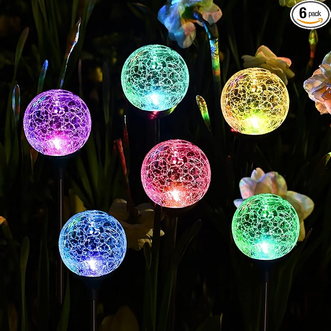 SOLPEX Solar Garden Lights 6 Pack, Solar Globe Lights Outdoor Waterproof, Solar Lights Outdoor Decorative, Multi-Color Changing Garden Spheres Large Waterproof for Yard, Cracked Glass Ball LED Lights