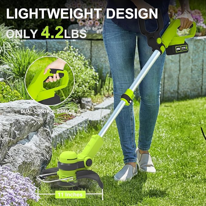 12 Inch String Trimmer Cordless, 21V Electric Weed Wacker with 2.0Ah Battery Powered, Auto Line Feed, 2 in 1 Trimmer and Lawn Edger with 4 Bonus Spools for Lawn, Garden, Yard