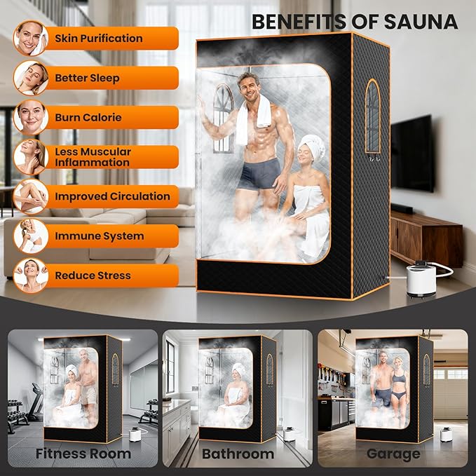 NAIZEA 2 Person Sauna Box, Portable Steam Sauna, Portable Saunas for Home Spa with 3L 1200W Steamer, Remote Control, 2 Folding Chair,1 or 2 Person Full Body Saunas Tent for Relaxation, 3.9'x2.9'x5.9'
