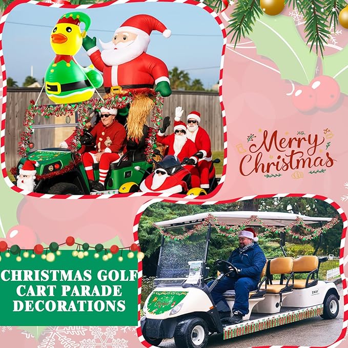 Hungdao 9 Pcs Christmas Golf Cart Parade Decorations Include 1 Pcs 4 Feet Inflatable Giant Duck with Float Bunting Flag Tinsel Garland for Christmas Car Yard Party Decoration