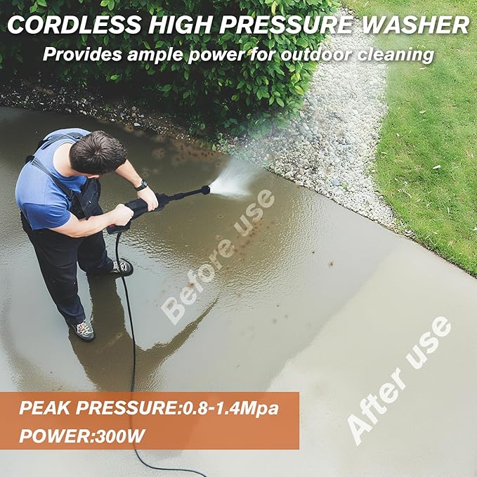 Portable Cordless Pressure Washer, Electric Pressure Washer Battery Powered with 2 Batteries & 6-in-1 Nozzle, 16FT Hose,Handheld Car Washer for Floor Wall Fence Cleaning Garden Watering