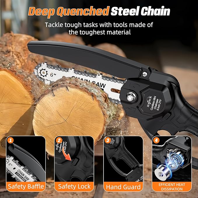 Mini Chainsaw Cordless, 6 inch Electric Chain Saw, Lightweight and Portable, Suitable for Women/Elderly/DIY Enthusiasts, with Two 21V2000mAh Batteries for Tree Pruning and Wood Cutting
