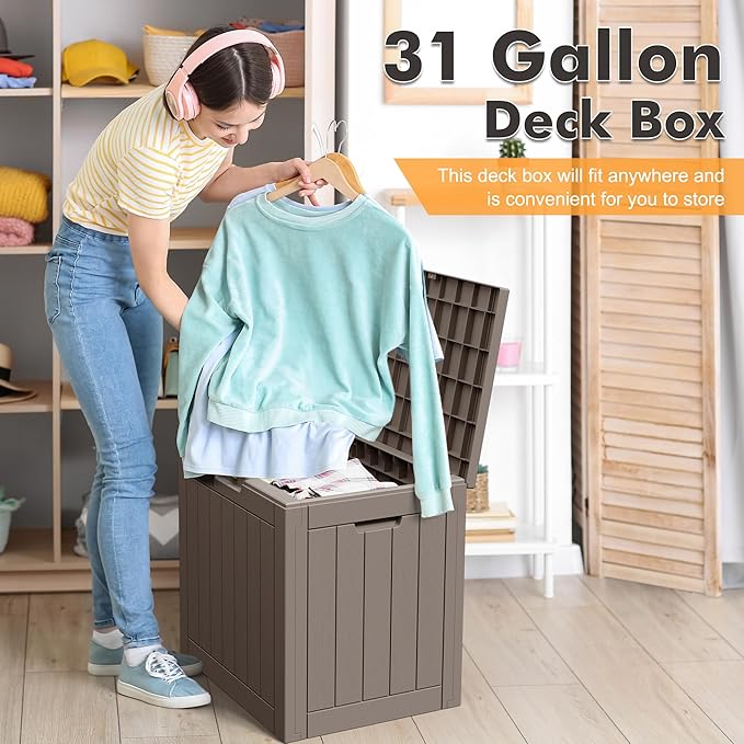 Outdoor Storage Box, Resin Deck Boxes Outdoor Waterproof For Patio Furniture, Garden Tools, Pool Supplies, Durable And UV Resistant, Lockable (32 Gallon, Grey)