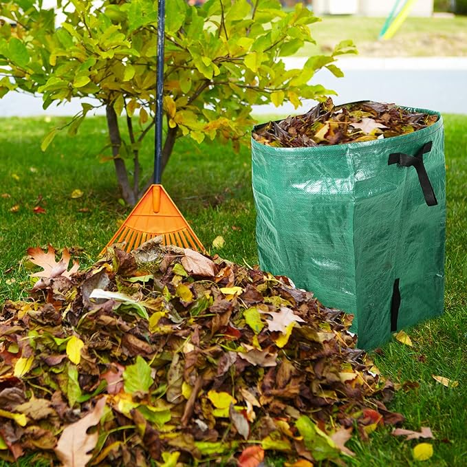 3 Pack 53 Gallon Yard Waste Bags Dustpan Type Lawn Garden Reusable Heavy Duty Leaf Bags Yard Waste Container with Reinforced Carry Handles for Leaves Debris Grass, with Gloves, Leaf Bag Holder