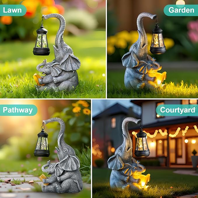 Solar Elephant Statue Lights Outdoor Garden Decoration, Elephant Statue with Solar Lantern Outdoor Decoration for Mother Women Birthday Gift-Courtyar Balcony Lawn Decor
