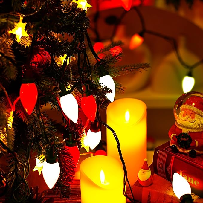 Red&White C9 Big Bulbs Classic Christmas Lights 50 LED 32ft Strawberry Light - Waterproof Green Wire Fairy Lights, for Indoor Outdoor Home Yard Xmas Tree Decorations (Red White - 50LED)